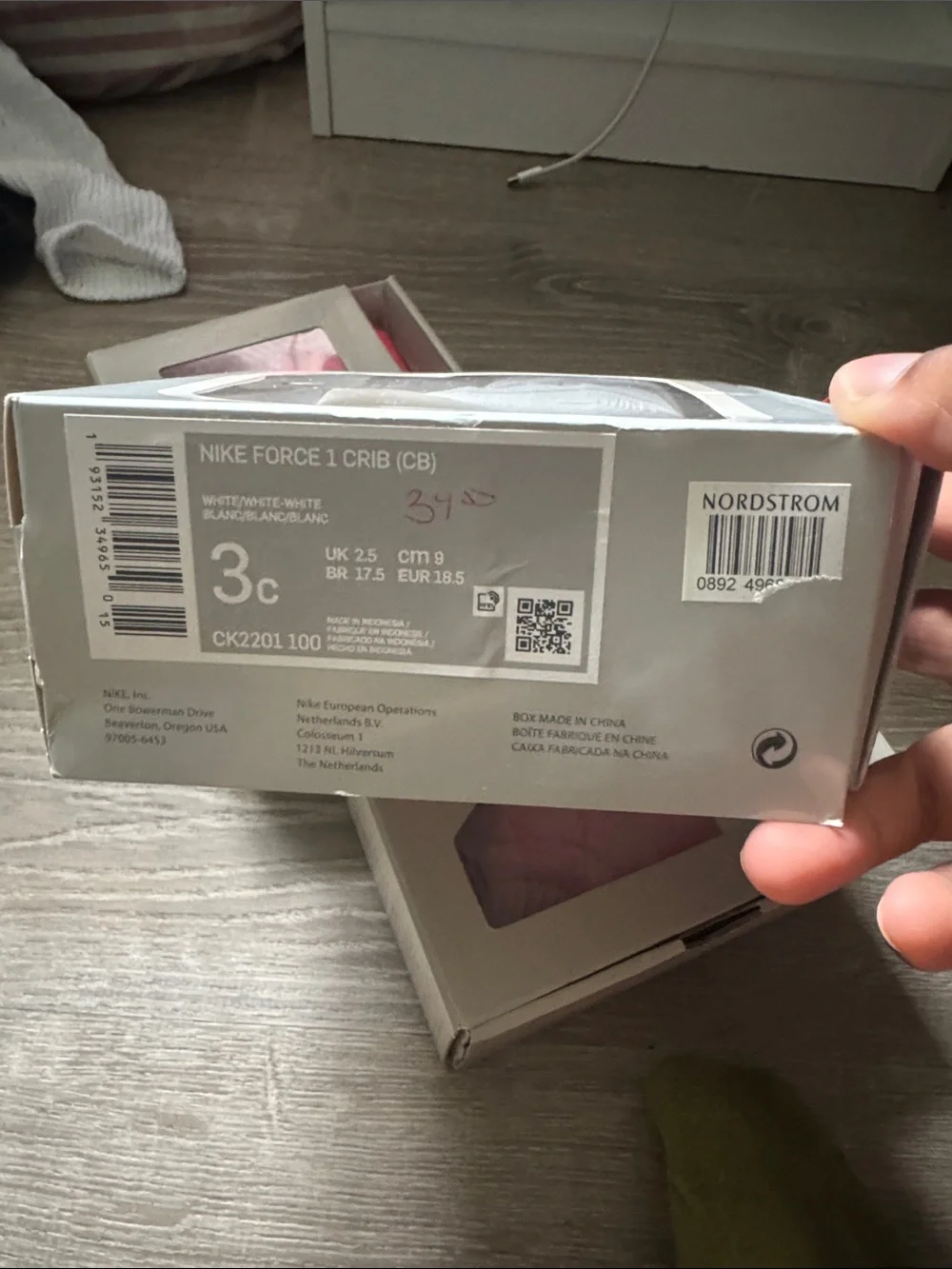 Nike white and gray Force 1 Crib (3C) Shoe Box